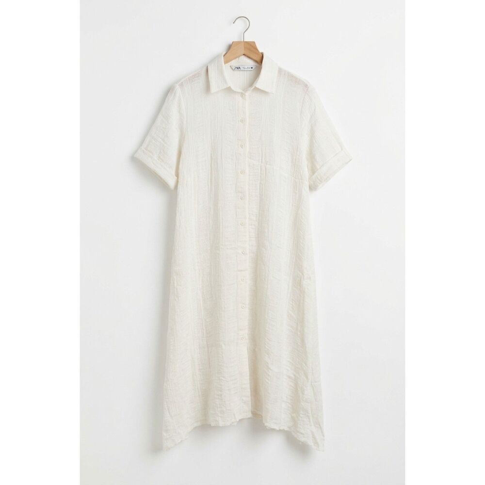 Zara Textured Cotton-Linen Blend Ivory Shirtdress / Coverup